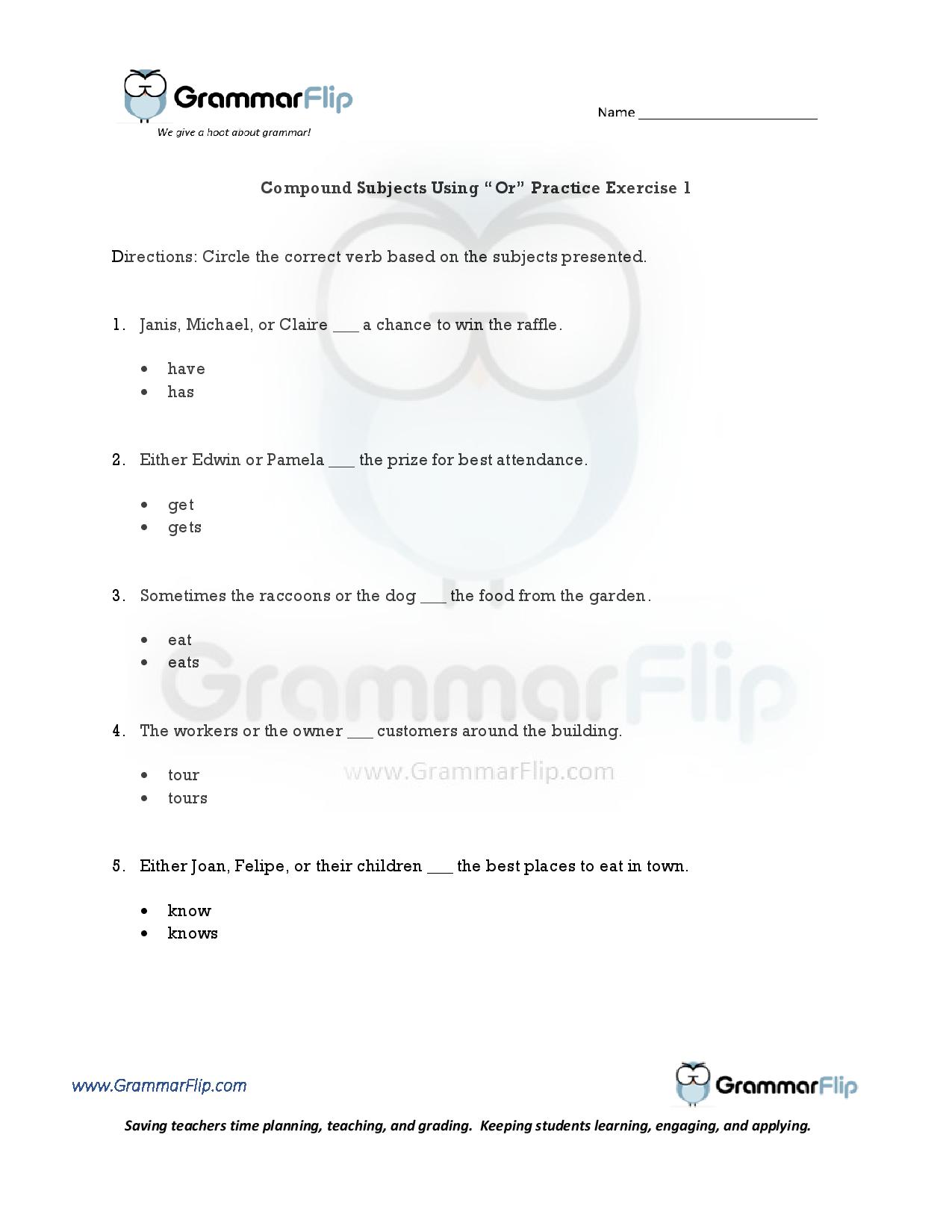 Compound Subjects Using Or Free Worksheet
